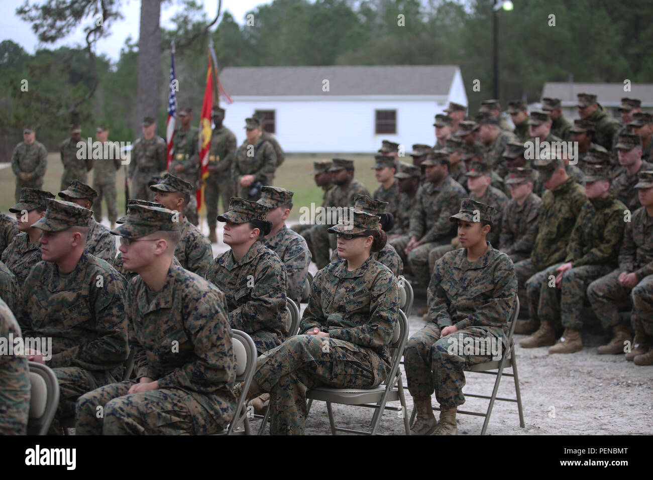 Officers and enlisted Marines and sailors from 2nd Marine Logistics Group gathered to unveil the