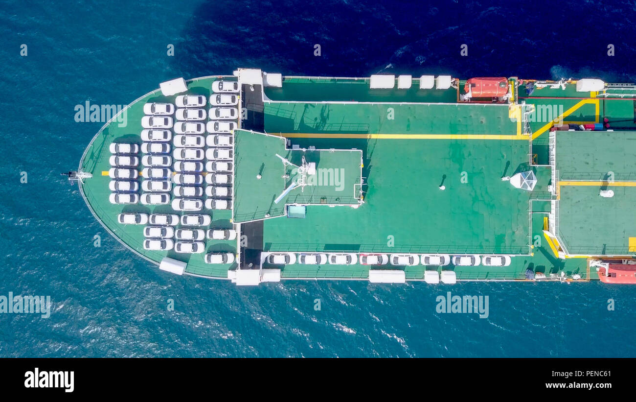 Aerial image of a Large RoRo (Roll on/off) Vehicle carrie vessel cruising the Mediterranean sea Stock Photo