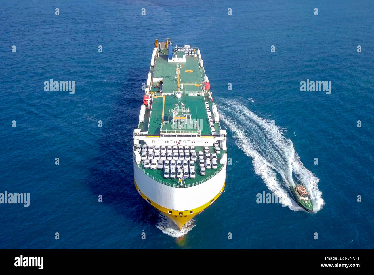 Aerial image of a Large RoRo (Roll on/off) Vehicle carrie vessel cruising the Mediterranean sea Stock Photo