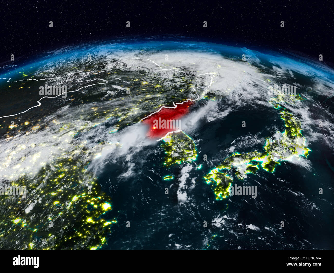 North Korea from space at night on Earth with visible country borders ...
