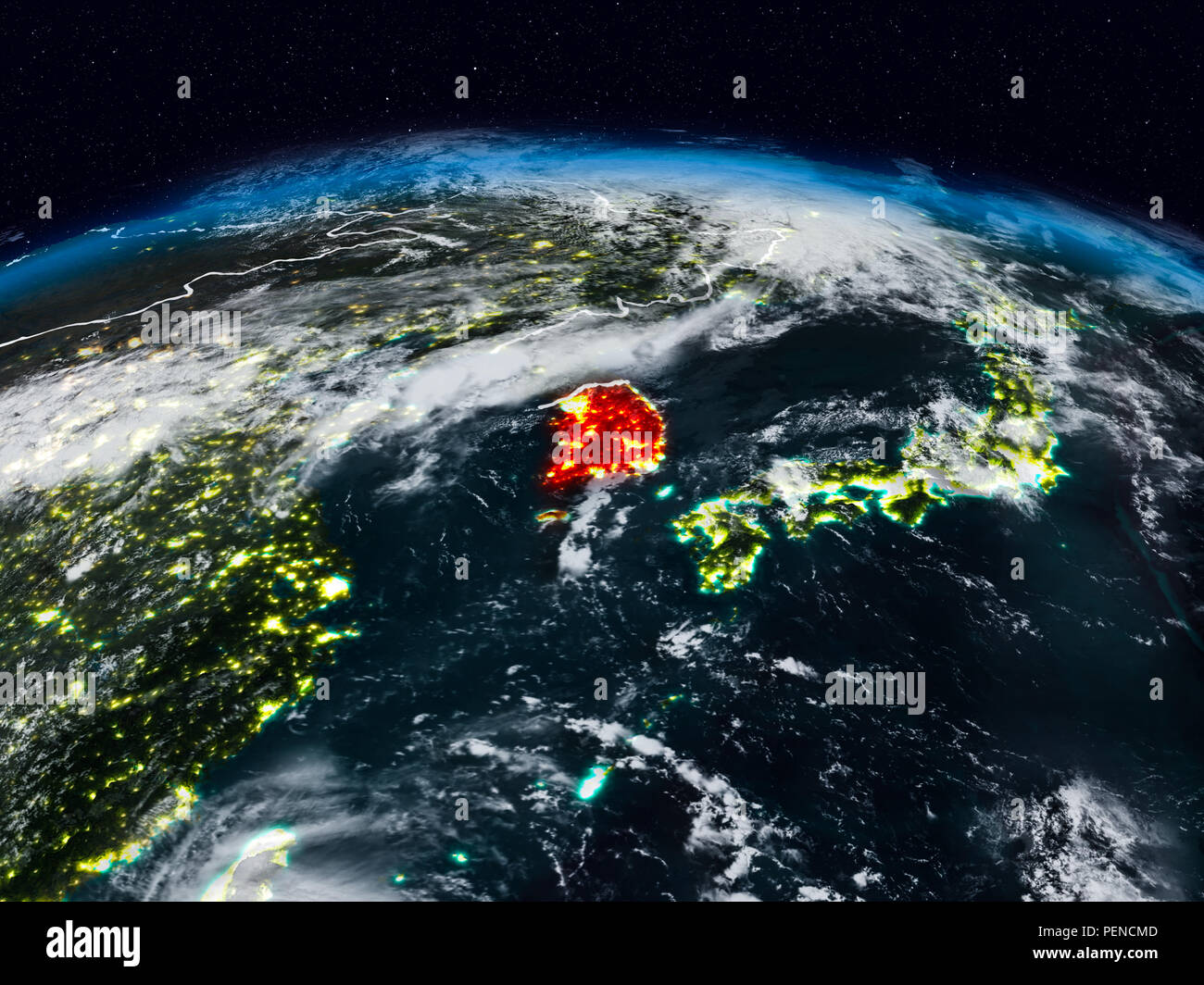 South Korea from space at night on Earth with visible country borders ...