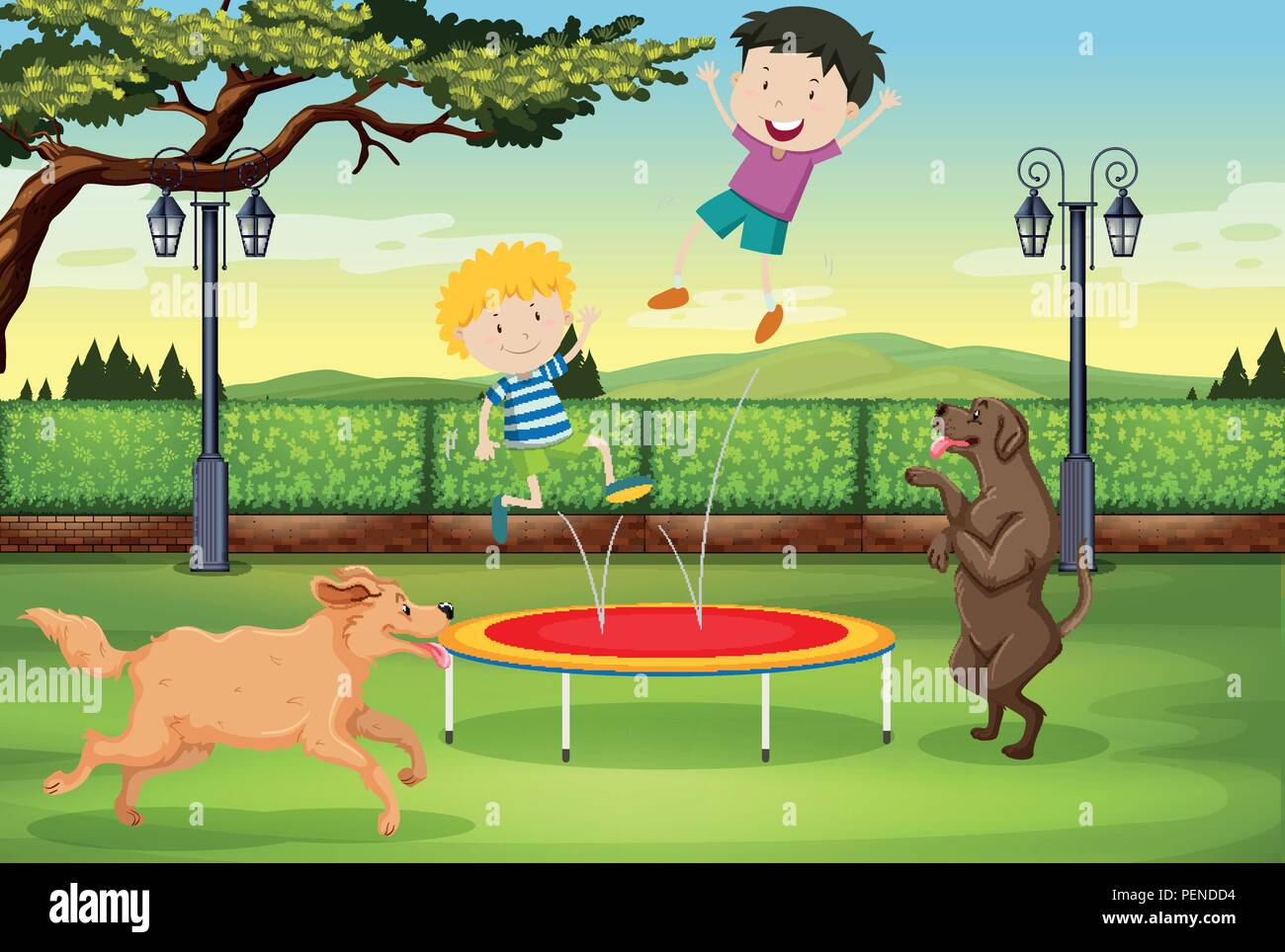 Children jumping on trampoline illustration Stock Vector Image & Art ...
