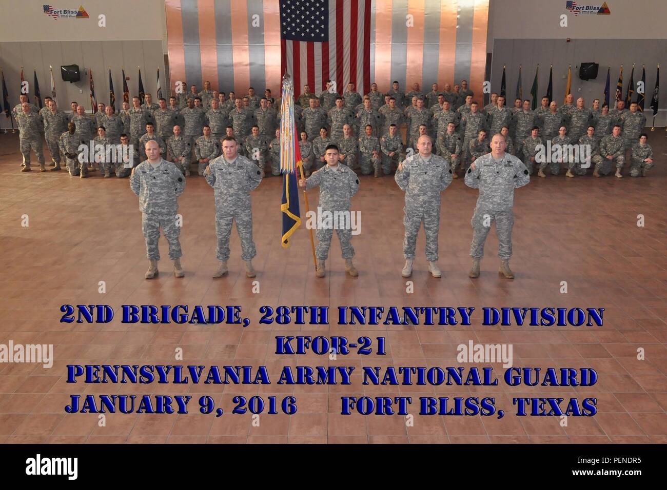 Members of the Pennsylvania National Guard's 2nd Infantry Brigade Combat Team, 28th Infantry Division, upon arrival at Fort Bliss, Texas. The soldiers will be part of a yearlong deployment to support NATO peacekeeping efforts in Kosovo. (Courtesy photo illustration from Fort Bliss/Released) Stock Photo