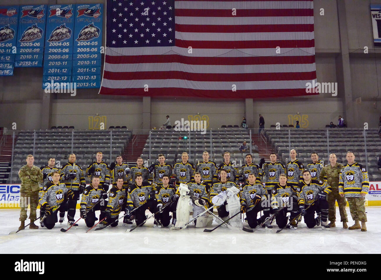 The 2016 U.S. Army Alaska hockey team lines up before taking on Air