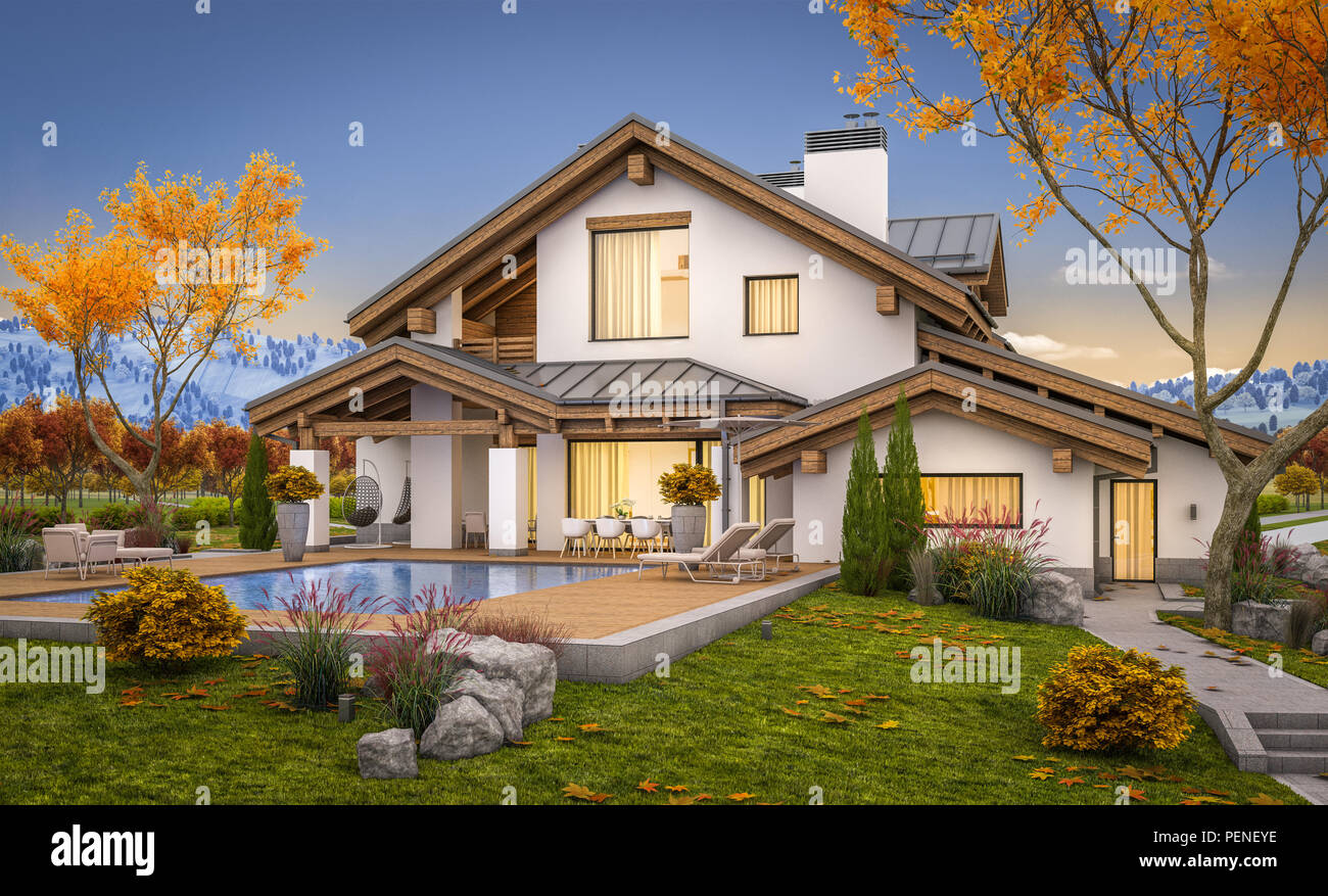 3d Rendering Of Modern Cozy House In Chalet Style With Garage For