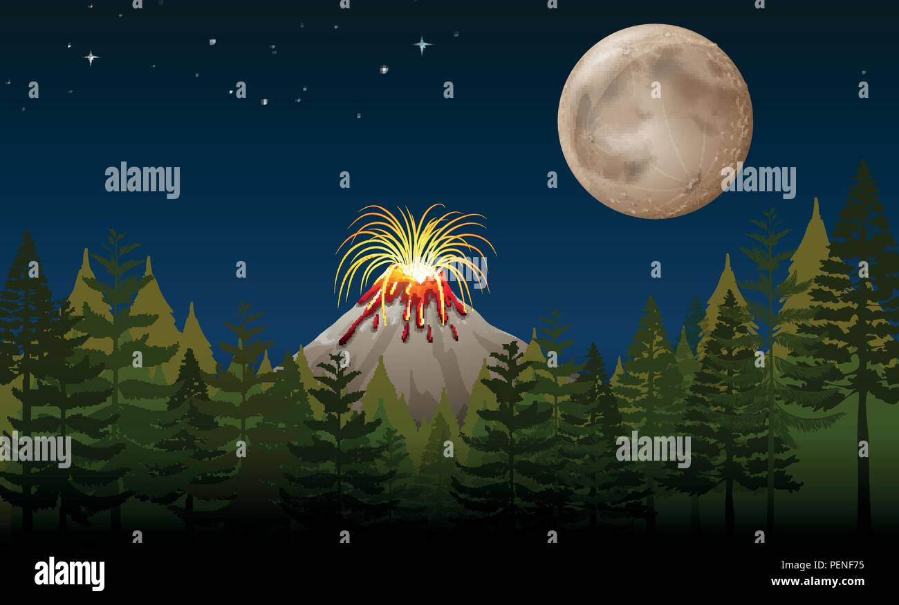 Volcano eruption at night illustration Stock Vector