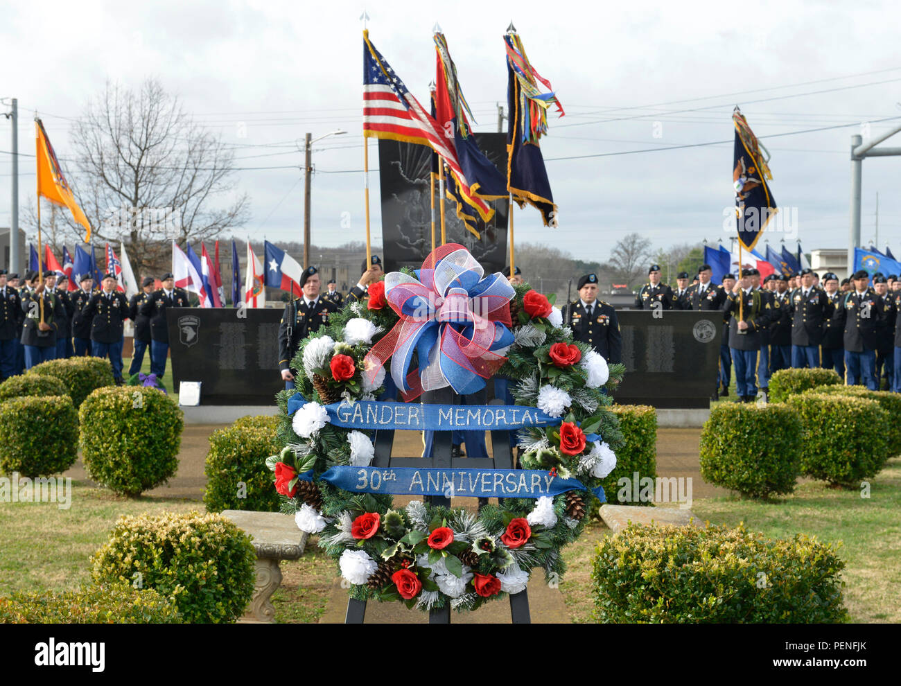 The Gander Memorial remembrance wreath stands in the center of the