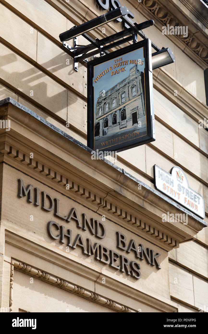 The pub sign of the North and South Wales Bank Wetherspoon public house