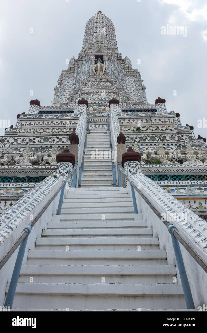 Steps up to the main prang at Wat Arun or the Temple of Dawn on the bank of the Chao Phraya River in Bangkok, Thailand Stock Photo