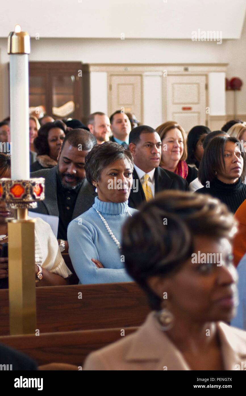 Active duty Marines and civilians gather at the Marine Memorial Chapel