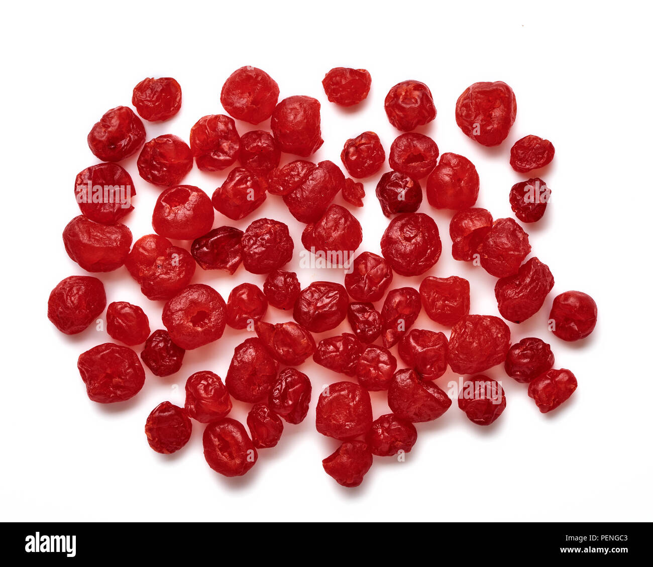 Dried cherries isolated on white background. Top view of candied