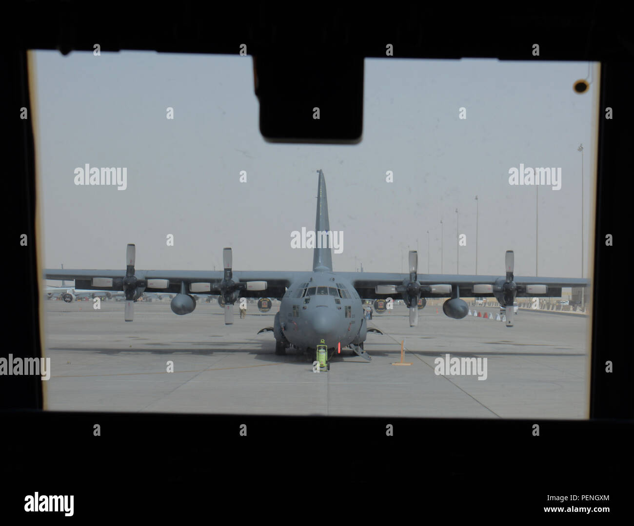 A C130 Hercules deployed from Maxwell Air Force Base, Alabama, waits