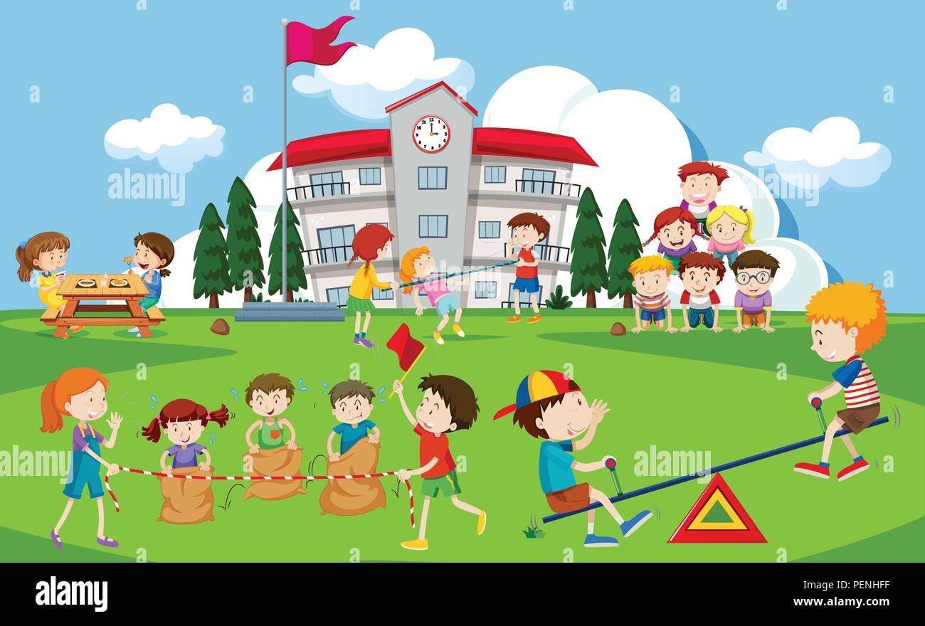 Kids playing at school playground illustration Stock Vector Image & Art
