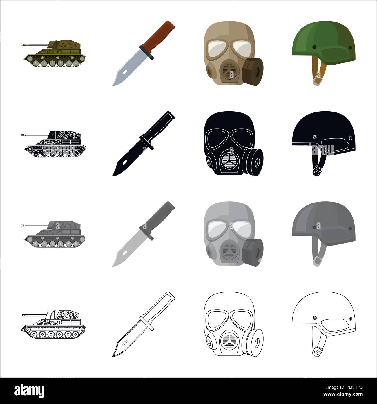 Self-propelled gun, combat knife, military gas mask, army helmet. Military and army set collection icons in monochrome outline style vec Stock Vector Image & Art - Alamy
