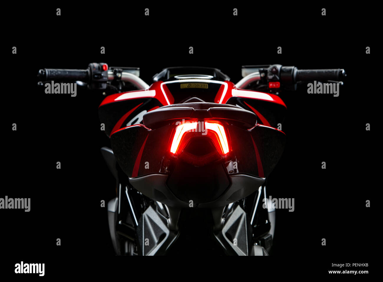 Studio image of a 2018 MV Agusta Brutale motorbike on a black background. Stock Photo
