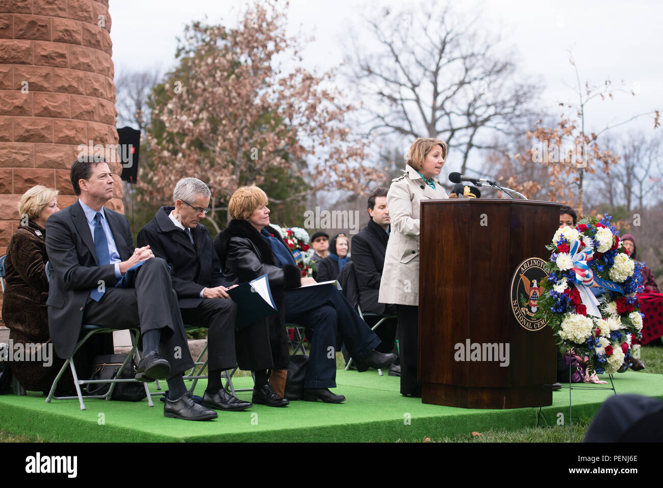 Lisa Monaco, assistant to the president for homeland security and counterterrorism, gives remarks during the Pan Am Flight 103 memorial ceremony in Arlington National Cemetery, Dec. 21, 2015, in Arlington, Va. A terrorist’s bomb destroyed the aircraft 27 years ago, in what became known as the “Lockerbie bombing,” killing 243 passengers, 16 crew members and 11 people on the ground. (U.S. Army photo by Rachel Larue/Arlington National Cemetery/released) Stock Photo
