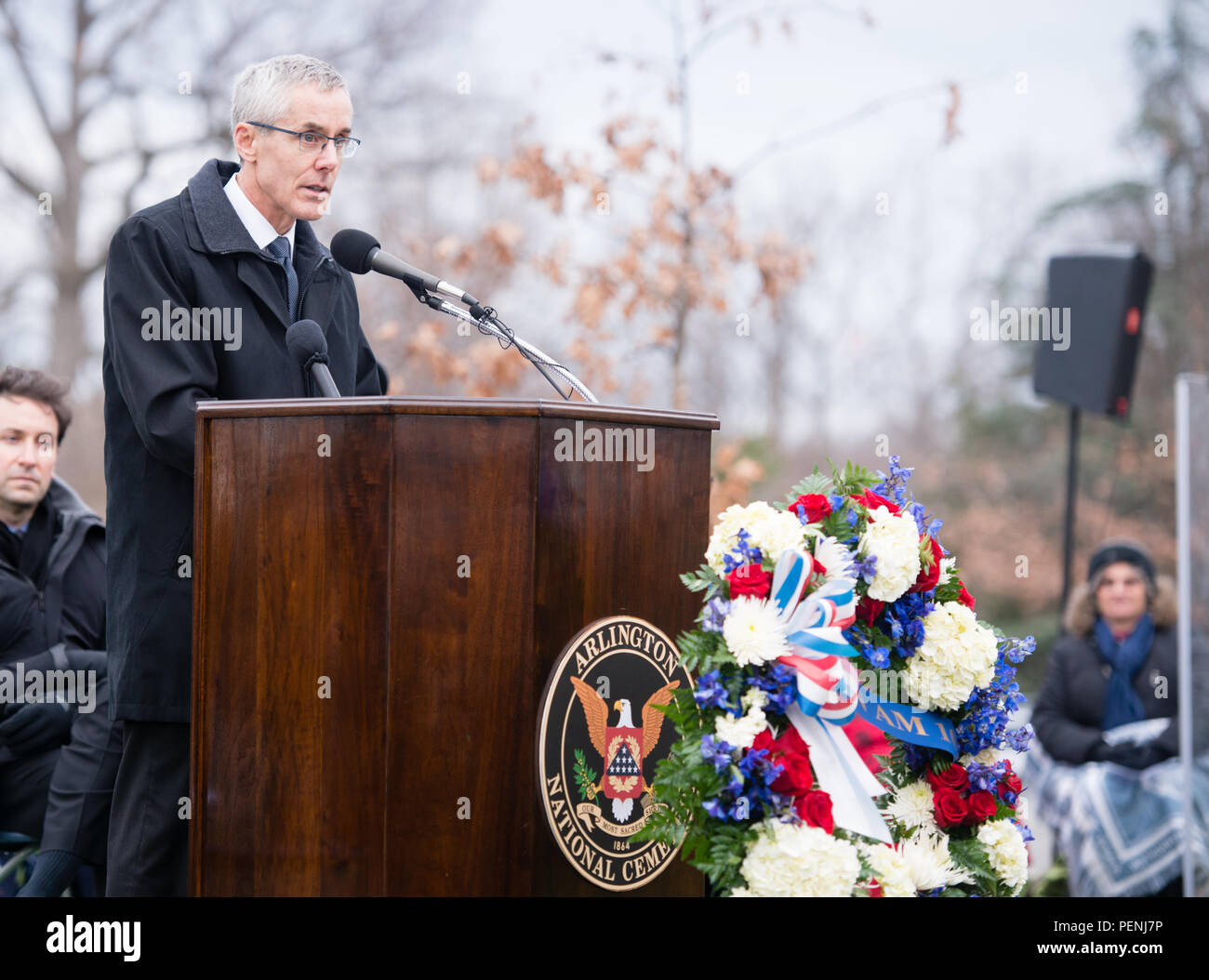 Peter Neffenger, administrator of the Transportation Security Administration, gives remarks during the Pan Am Flight 103 memorial ceremony in Arlington National Cemetery, Dec. 21, 2015, in Arlington, Va. A terrorist’s bomb destroyed the aircraft 27 years ago, in what became known as the “Lockerbie bombing,” killing 243 passengers, 16 crew members and 11 people on the ground. (U.S. Army photo by Rachel Larue/Arlington National Cemetery/released) Stock Photo