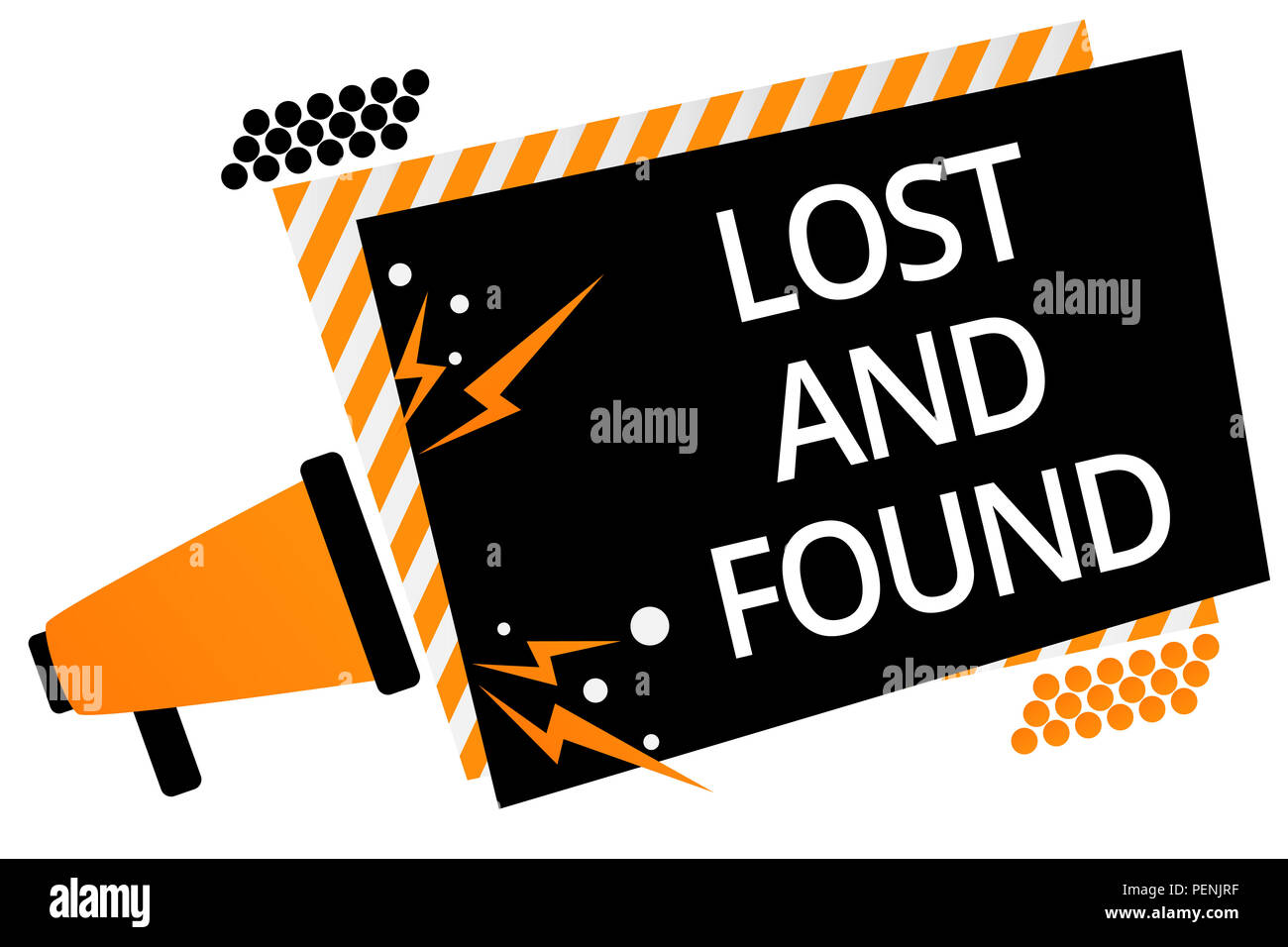 Writing note showing Lost And Found. Business photo showcasing Place where you can find forgotten things Search service Megaphone loudspeaker orange s Stock Photo
