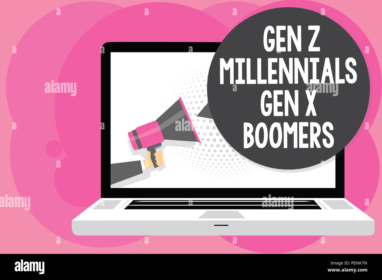 Word writing text Gen Z Millennials Gen X Boomers. Business concept for Generational differences Old Young people Man holding Megaphone loudspeaker co Stock Photo
