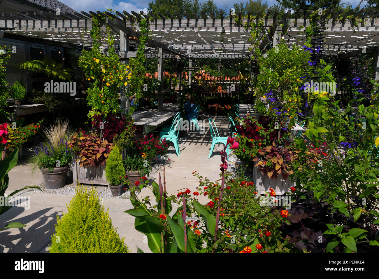Beer Garden in summer, Indianapolis Museum of Art, Indianapolis, Indiana, USA, North America Stock Photo