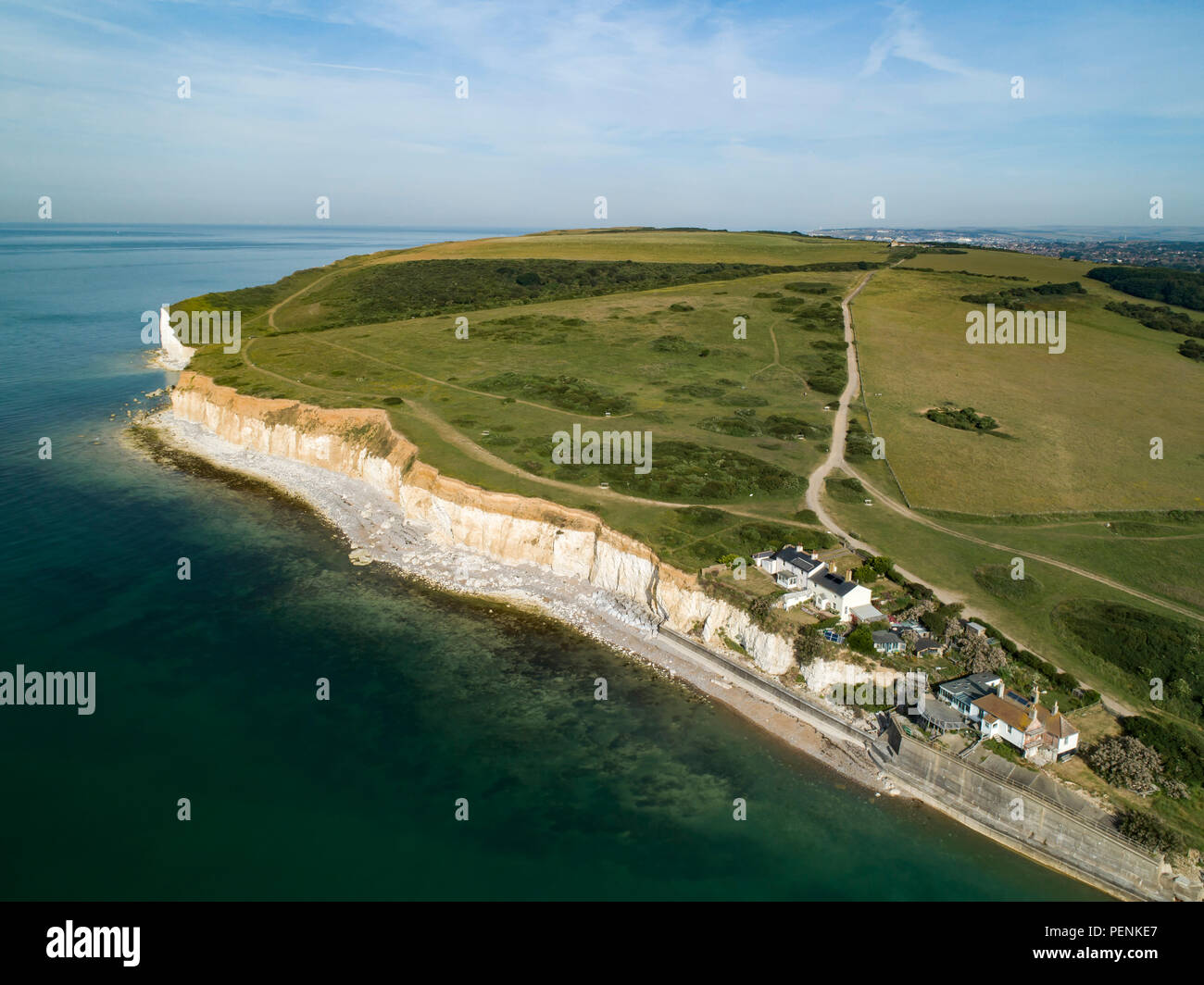 Drone image of Cuckmere Haven with coastguard cottages Seaford Head. Sussex, England Stock Photo