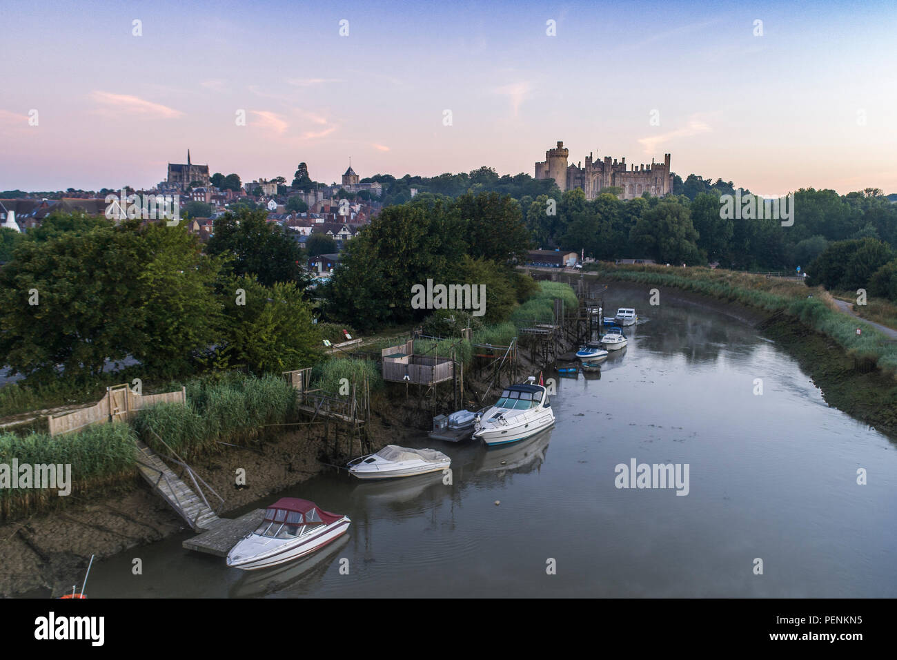 Low level drone image of River Arun and Arundel castle during twilight in summer 20189 Stock Photo