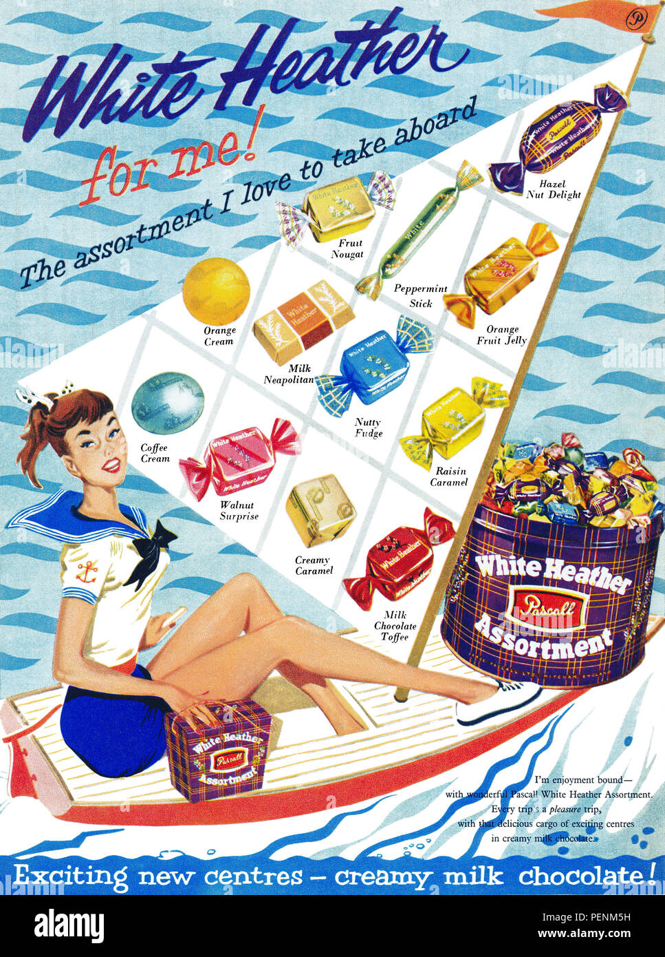 1957 British advertisement for Pascall's White Heather chocolate and toffee assortment, illustrated by Aubrey Rix. Stock Photo