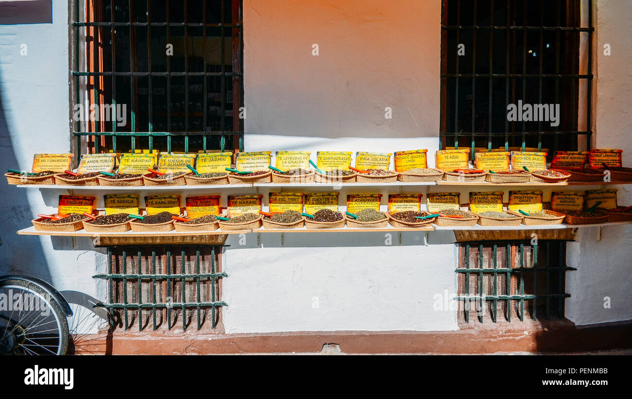 Seville, Spain July 14th, 2018 Various types of herbs to make teas
