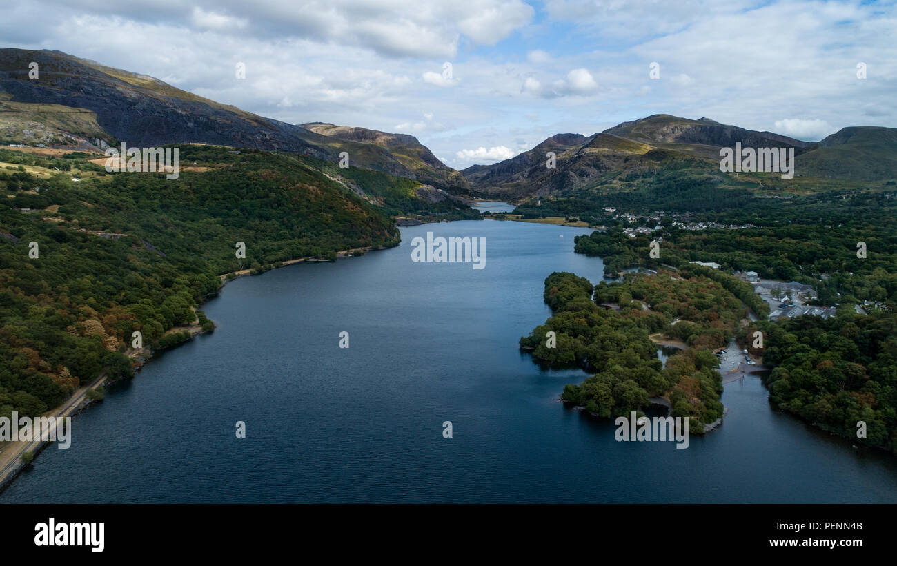 Aerial shot of Llyn Padarn Lake in Snowdonia, Gwynedd, North Wales Stock Photo