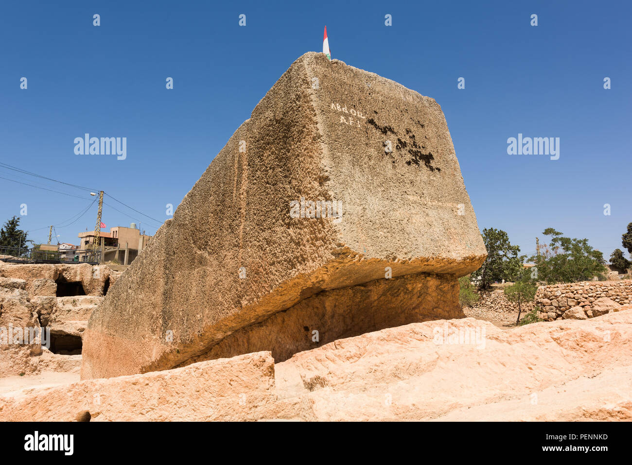 The Stone of the Pregnant is the largest carved stone in the world and lays unfinished in its quarry near the Baalbek roman temple complex, Lebanon. Stock Photo