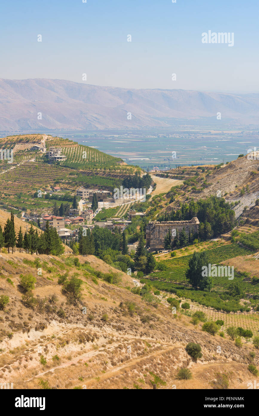 Panorama of the Bekaa Valley landscape with the Niha temples and vineyard hills, Lebanon Stock