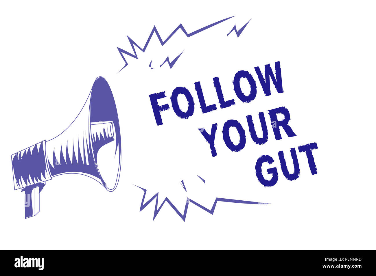 Word writing text Follow Your Gut. Business concept for Listen to intuition feelings emotions conscious perception Purple megaphone loudspeaker import Stock Photo