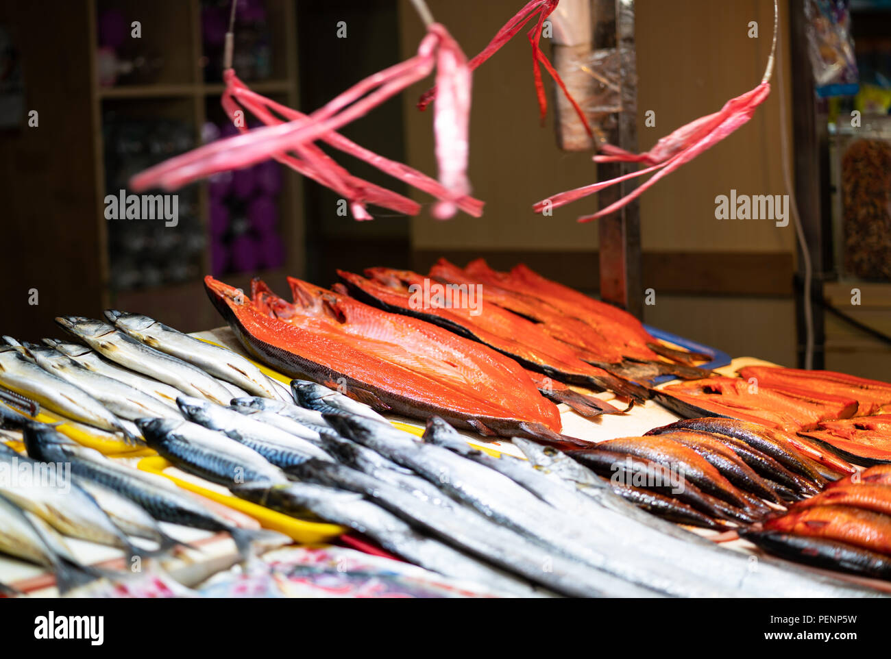 Fresh fish stall in covered market on Cijin island Kaohsiung Taiwan Stock Photo
