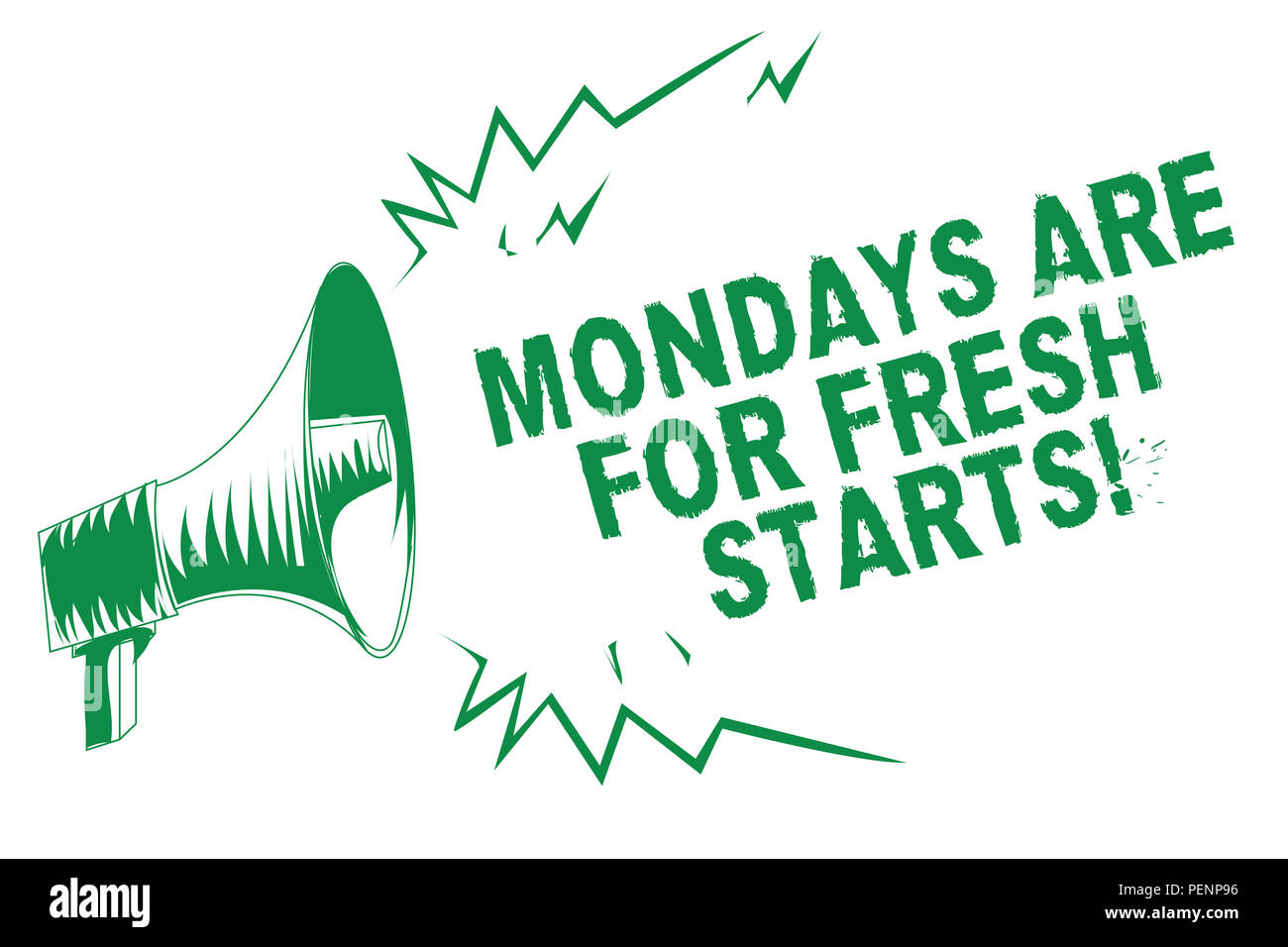 Handwriting text writing Mondays Are For Fresh Starts. Concept meaning Begin again every week have a good morning Green megaphone loudspeaker importan Stock Photo