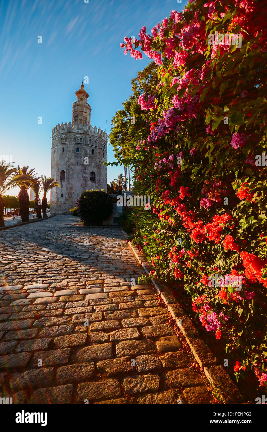 The Torre del Oro in Seville is an albarrana tower located on the left bank of the Guadalquivir River. It houses the Naval Museum of Seville. Stock Photo