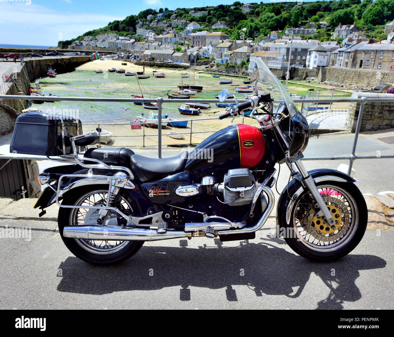 Moto Guzzi California Special Sport motorcycle,Mousehole,Cornwall,England,UK Stock Photo