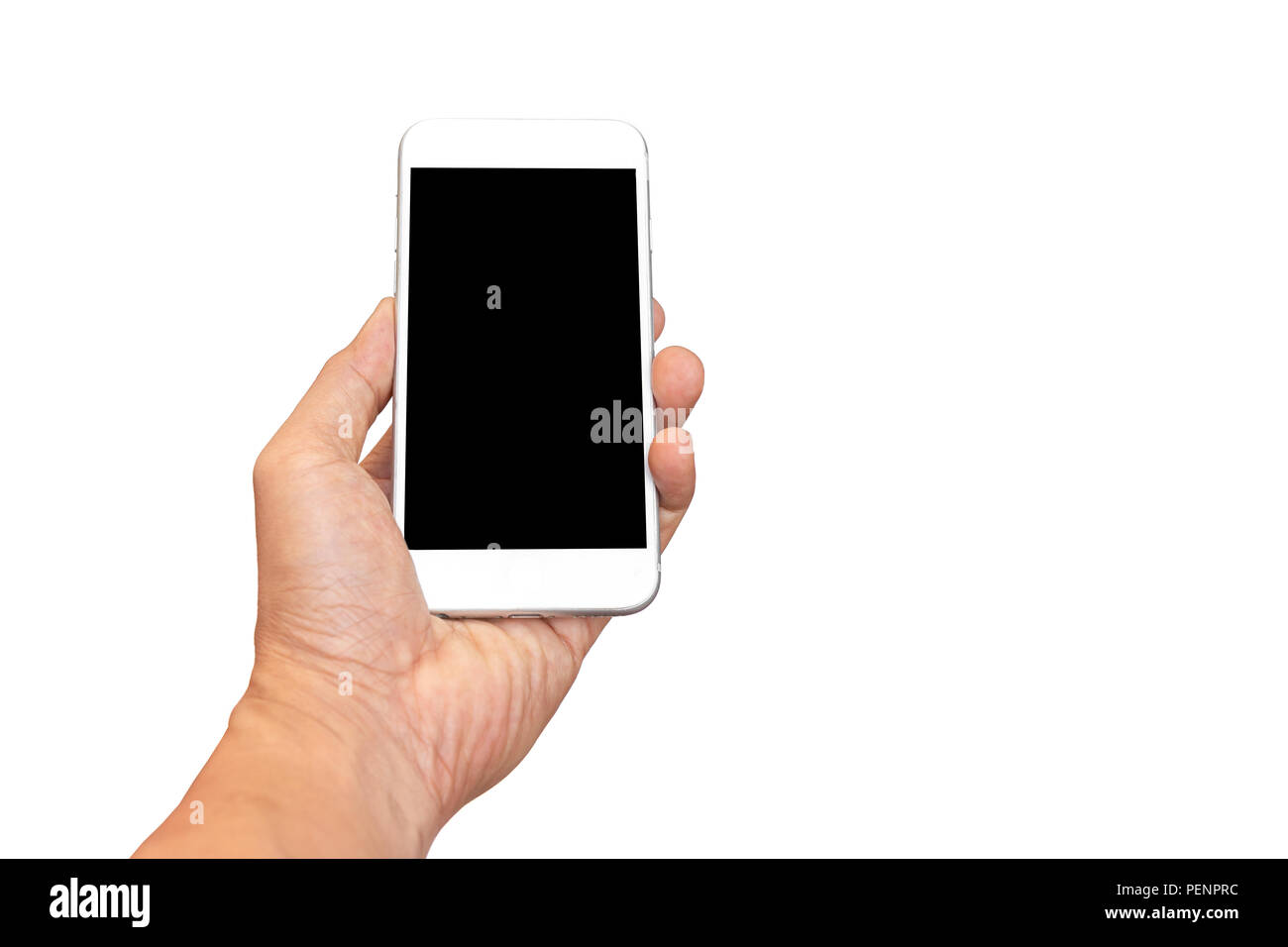 Hand holding cell phone with blank screen Isolated on white background ...