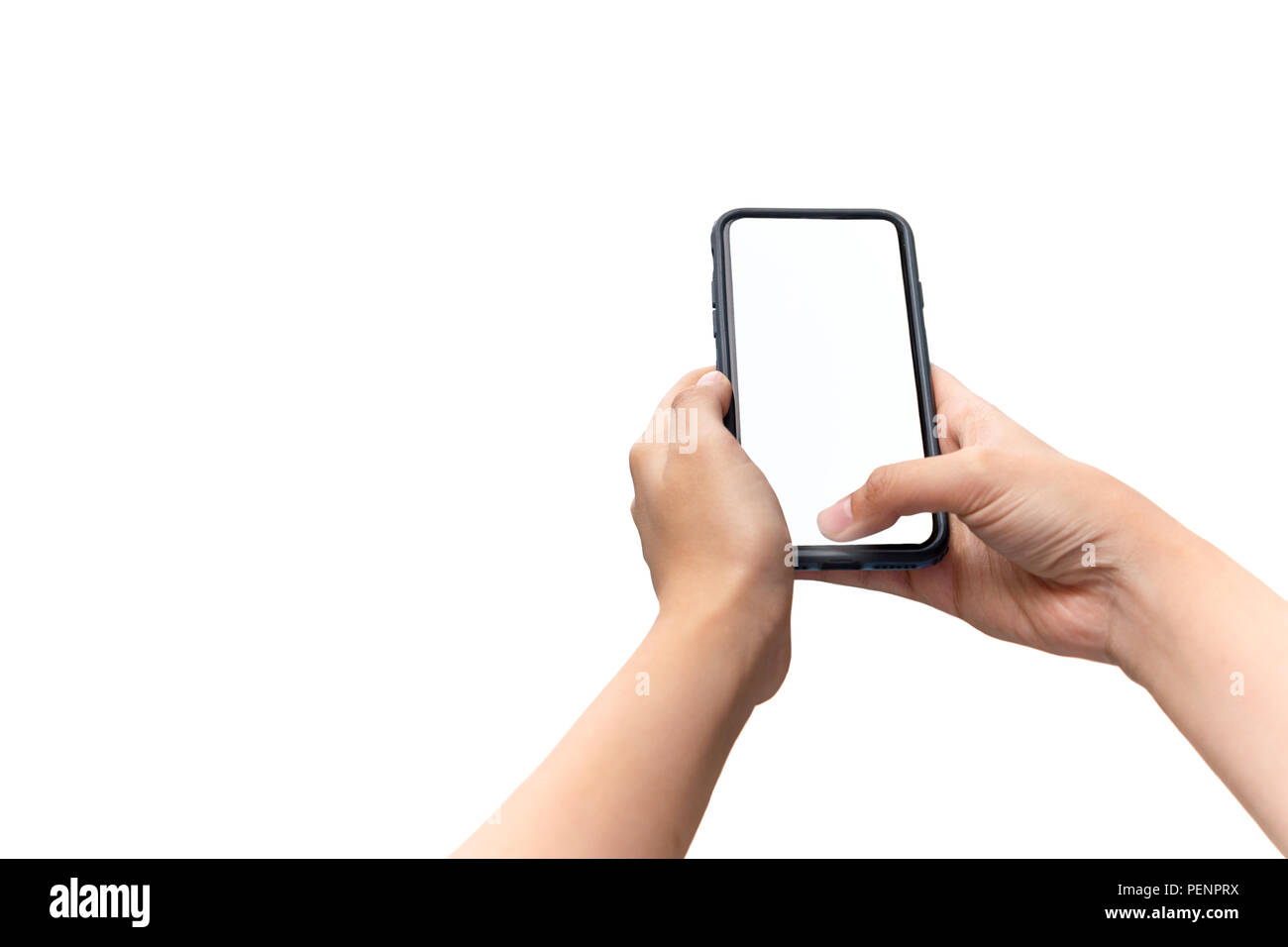 Hand holding cell phone with blank screen Isolated on white background ...