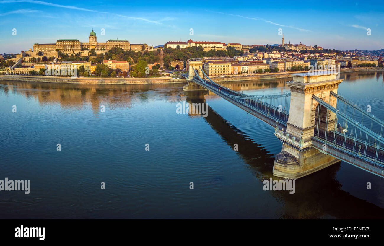 Budapest, Hungary - Panoramic aerial view of Szechenyi Chain Bridge at ...