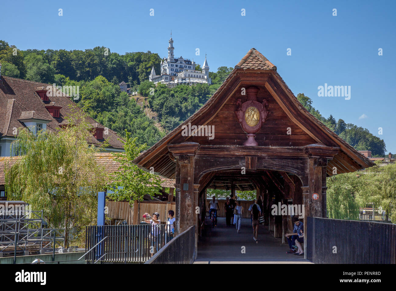 Chapel Bridge over Reuss river Lucerne, Switzerland. Stock Photo