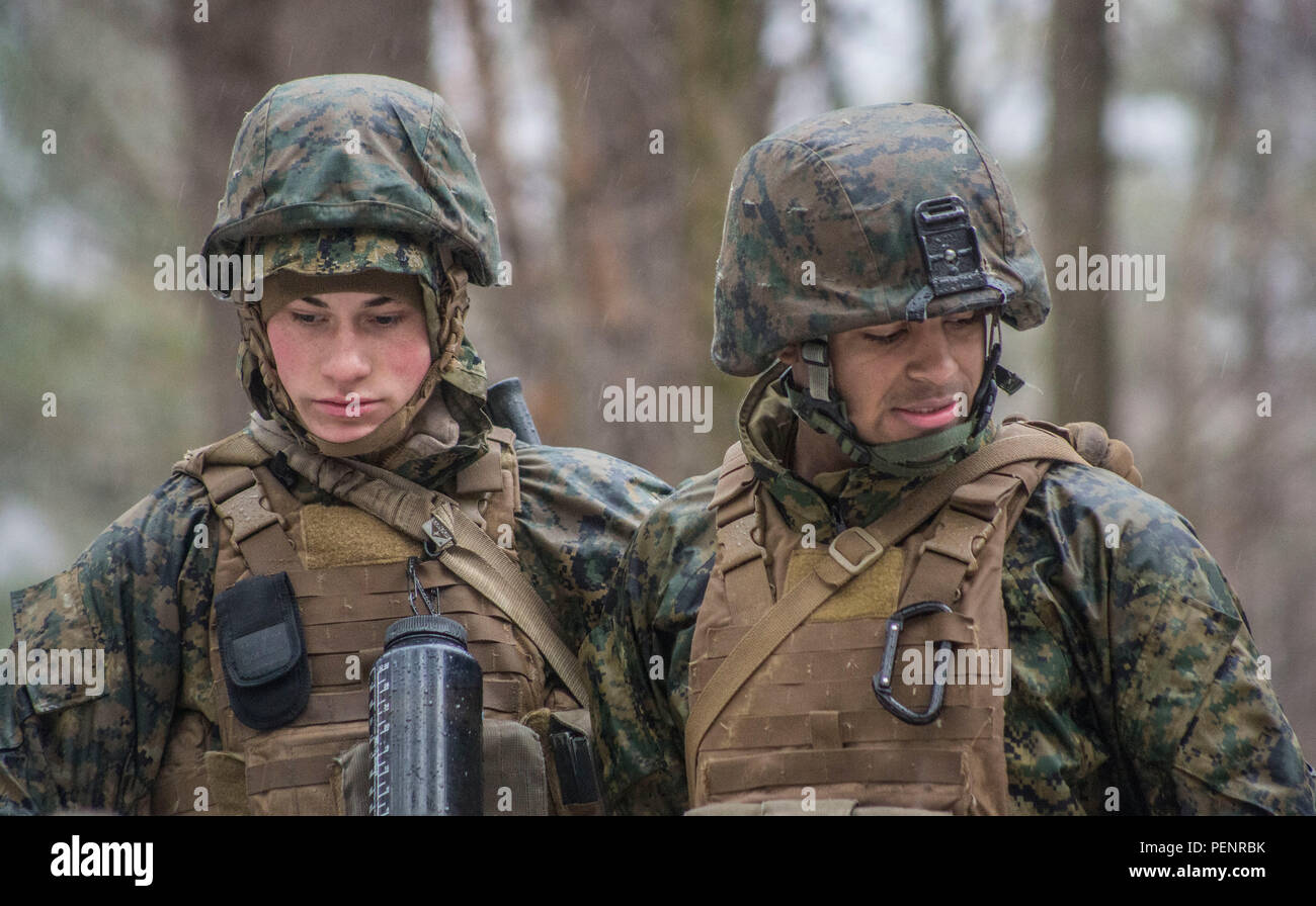 U.S. Marines with Alpha Company, 1st Battalion, 25th Marine Regiment, 4th Marine Division, Marine Forces Reserve, conduct a leadership reaction course on U.S. Army Mountain Warfare Center in Ethan Allen, Vt., Jan. 10, 2016. The Marines were split in to three teams given a different challenge at each station; the course is designed to make every Marine work together as a leader and as a team. (U.S. Marine Corps photo by Lance Cpl. Kimberly Aguirre/Released) Stock Photo