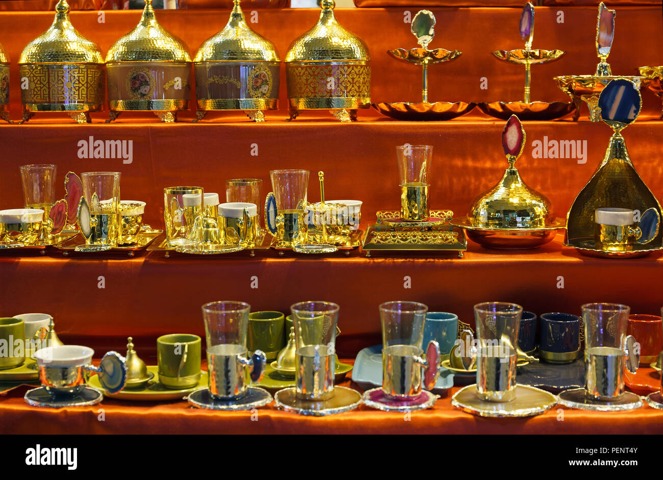 Traditional handmade tea and coffee sets or teapots at the Egyptian