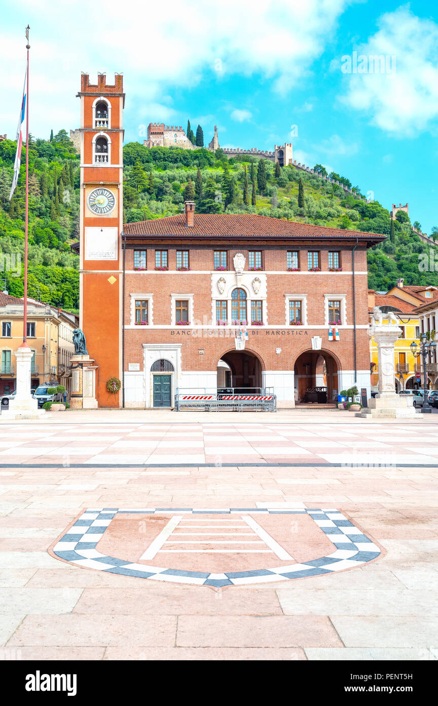Marostica, Italy - May 26, 2017: The square where the traditional chess game is played, with the Doglione palace in the background Stock Photo