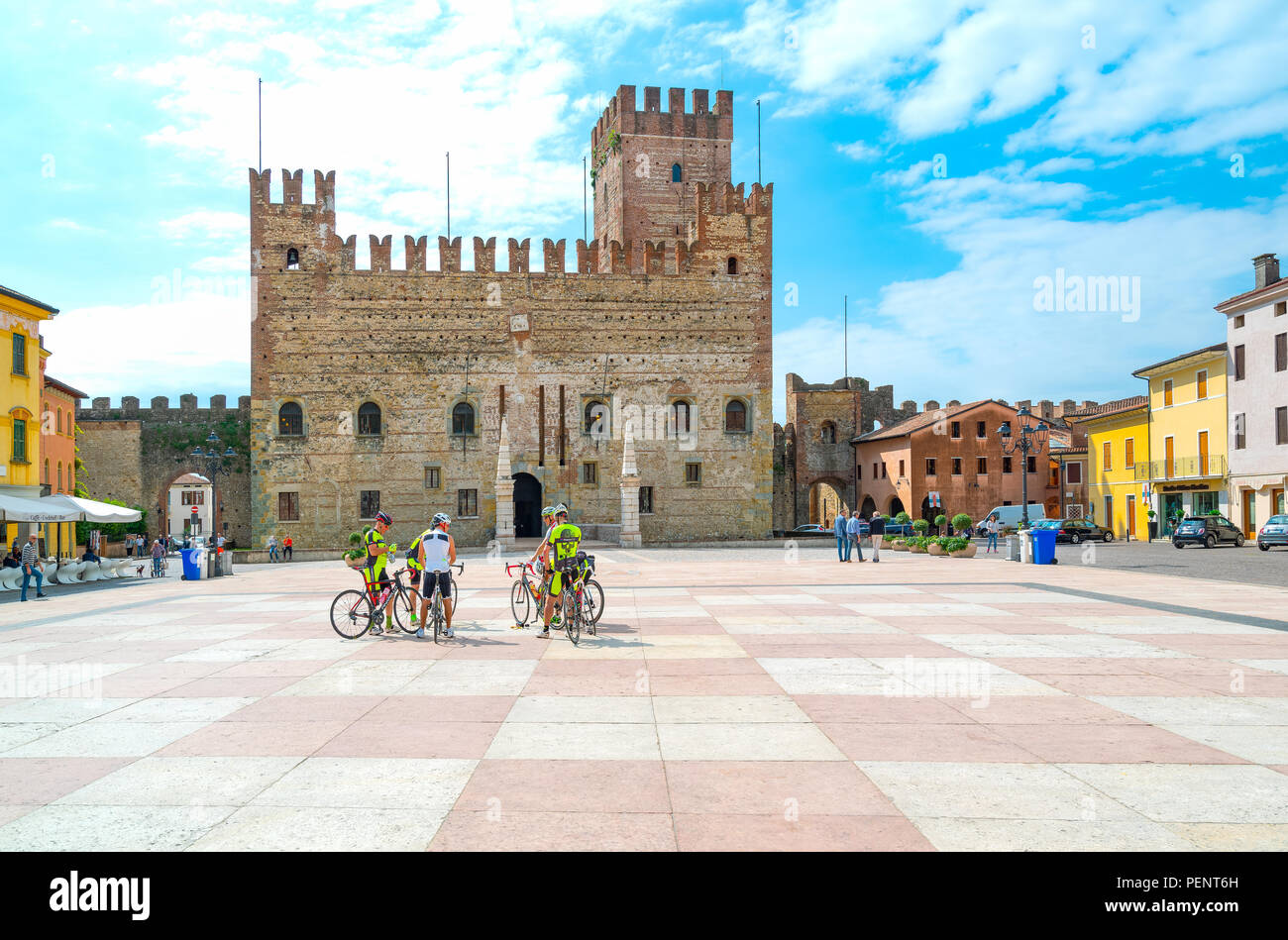 Marostica, Italy - May 26, 2017: The square where the traditional chess game is played with the Lower Castle in the background Stock Photo