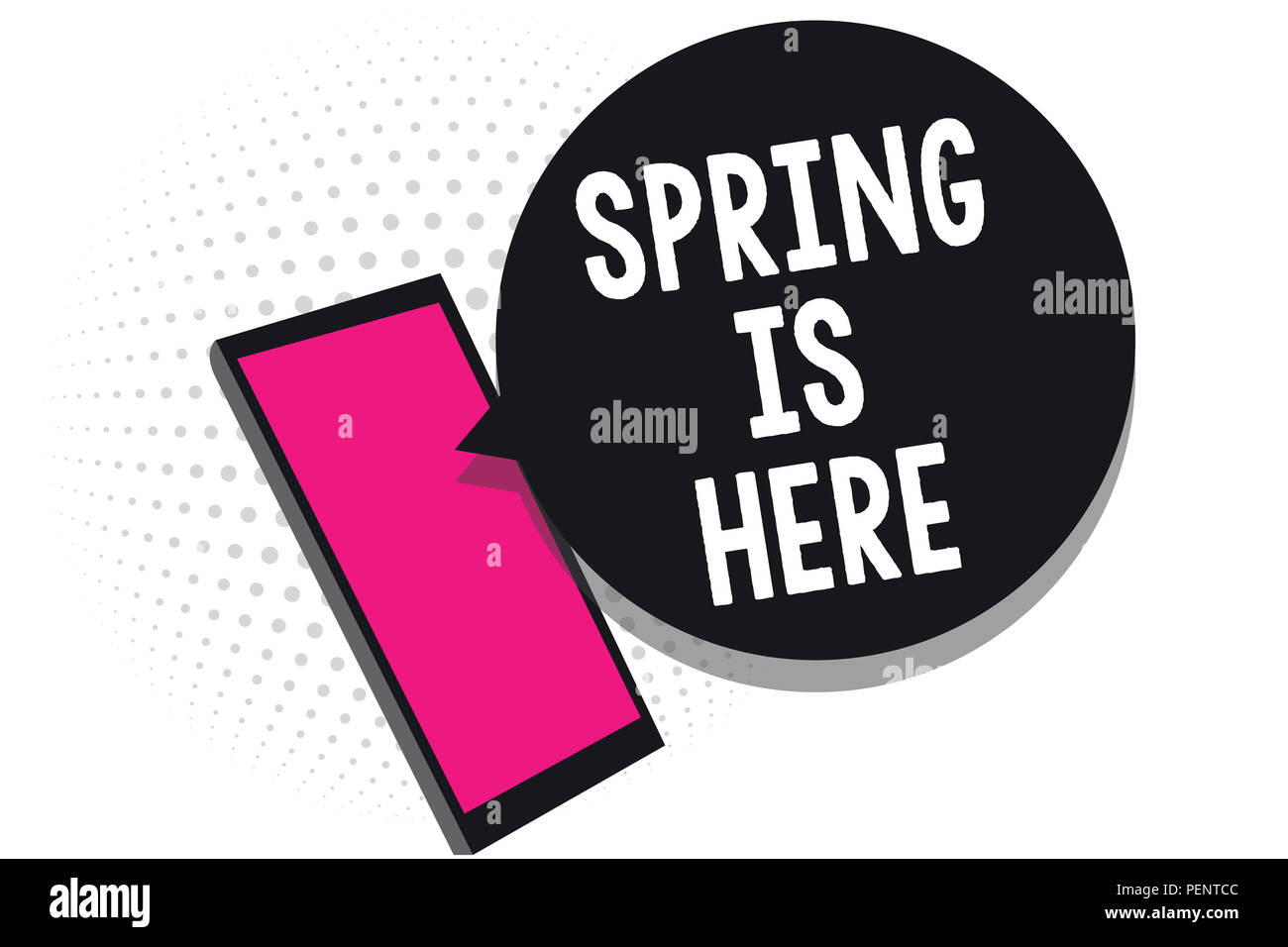 Text sign showing Spring Is Here. Conceptual photo After winter season has arrived Enjoy nature flowers sun Cell phone receiving text messages chats i Stock Photo