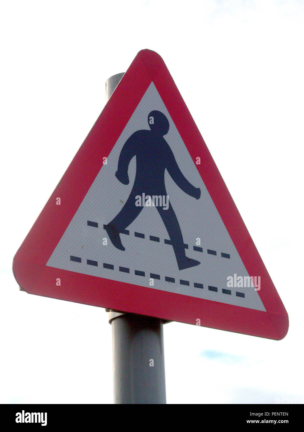PEDESTRIANS WARNING METAL SIGN on a pole  red triangle white background nobody Stock Photo