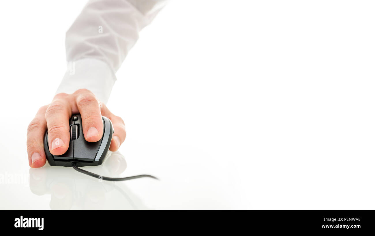 Closeup of male hand using computer mouse. Empty space ready for your text. Stock Photo