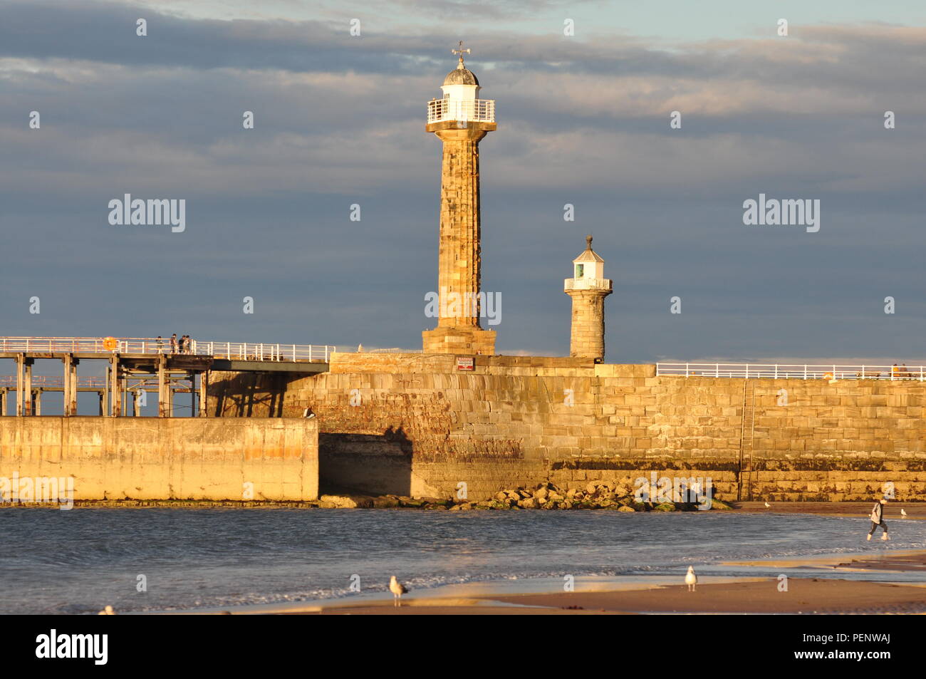 Lighthouses on Whitby harbour entrance, north Yorkshire, England, UK Stock Photo