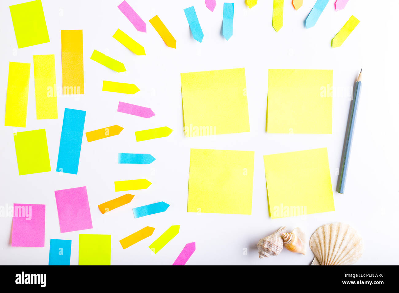 Blank sticky notes with different colors and shapes. Stock Photo