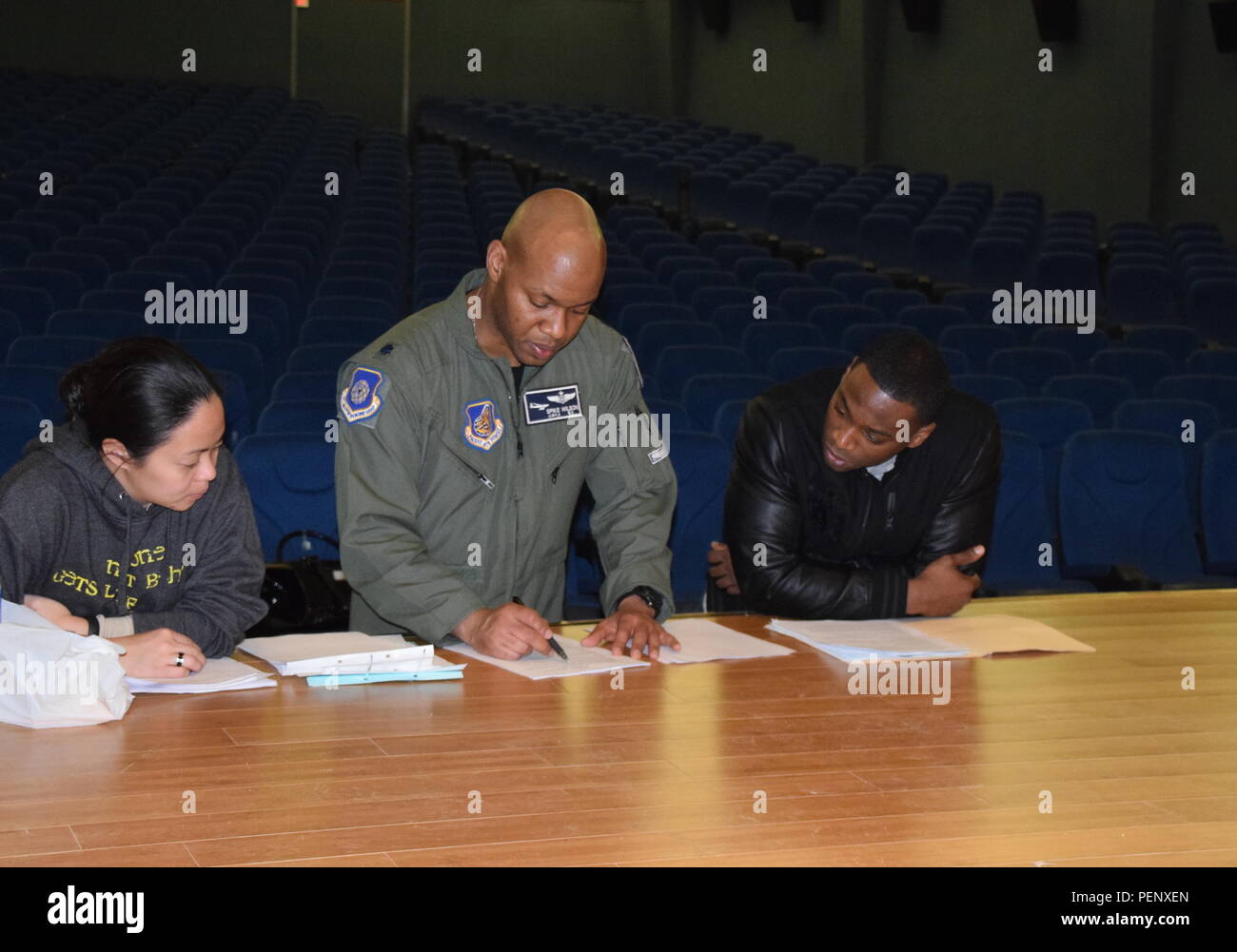 Prior to curtain time, Jan. 14, 2016, Warrant Officer 1 George King, right,  human resources technician, Headquarters and Headquarters Battery, 35th Air  Defense Artillery Brigade who plays Dr. King in the play,
